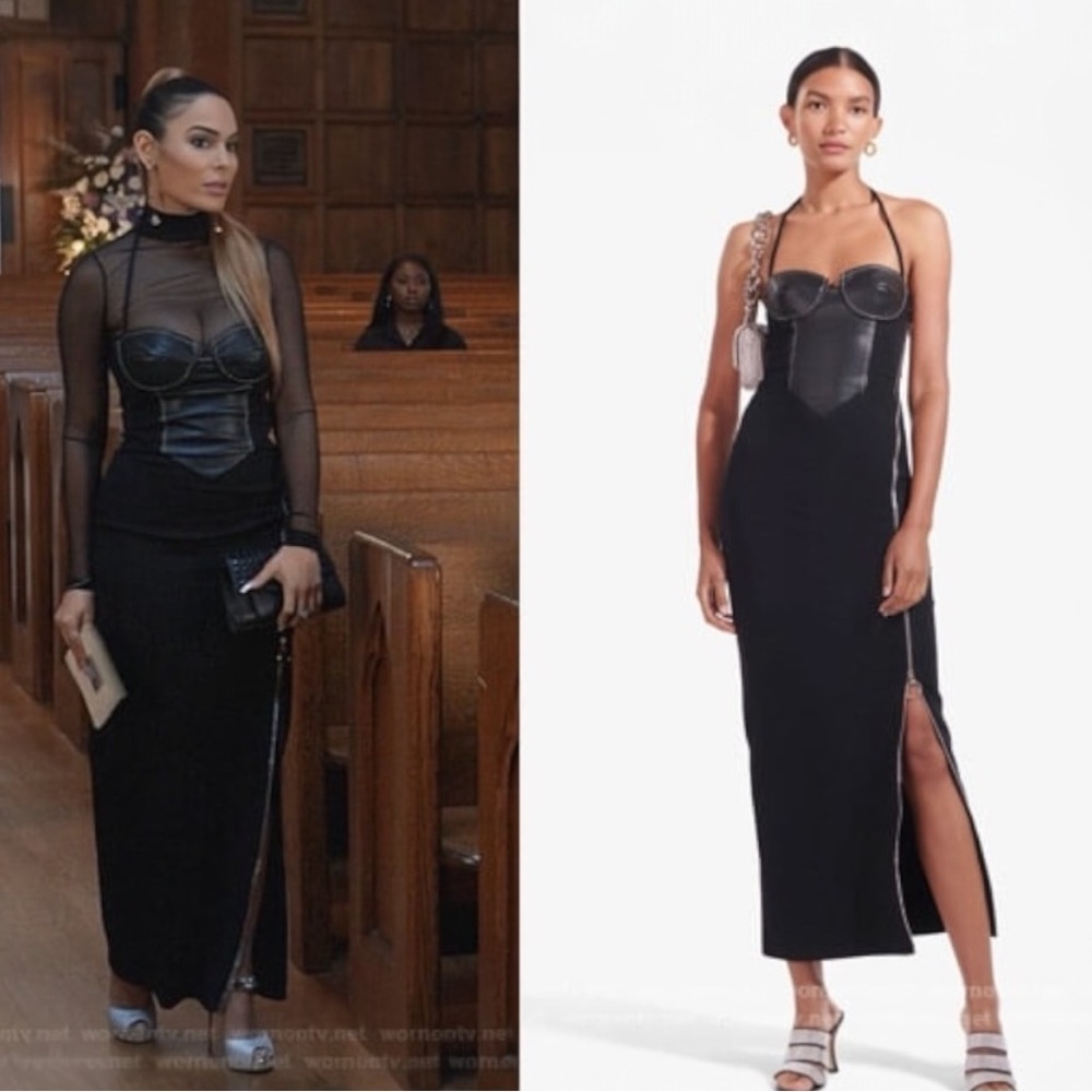 STAUD Hindley Faux Leather Corset Halter Neck Exposed Zipper Black Midi Dress - Picture 6 of 16